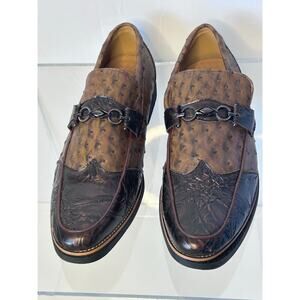 Men’s Brown Textured Loafers Ostrich-Style Look Metal Bit Slip-On Size 12